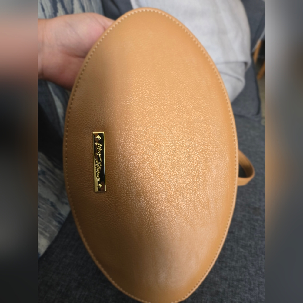 Betsey Johnson Tan Crossbody Football Bag with Pink Patches - Picture 4 of 7